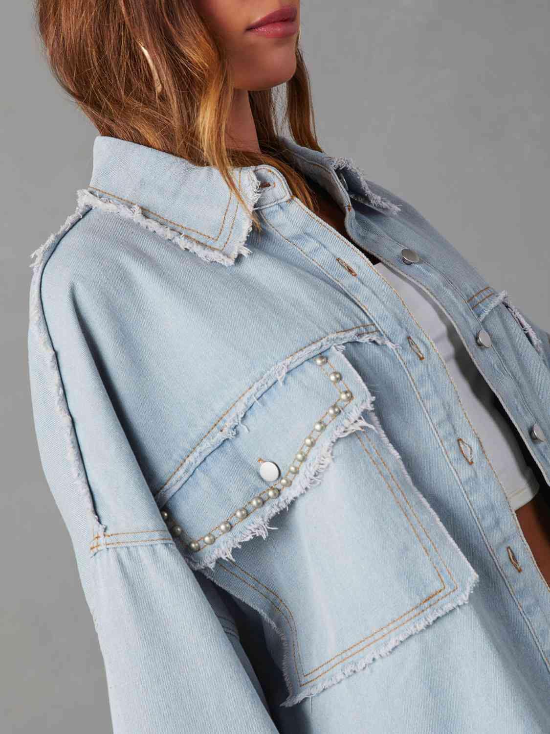Button Down Raw Hem Denim Jacket - Trendsi