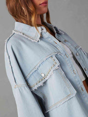 Button Down Raw Hem Denim Jacket - Trendsi