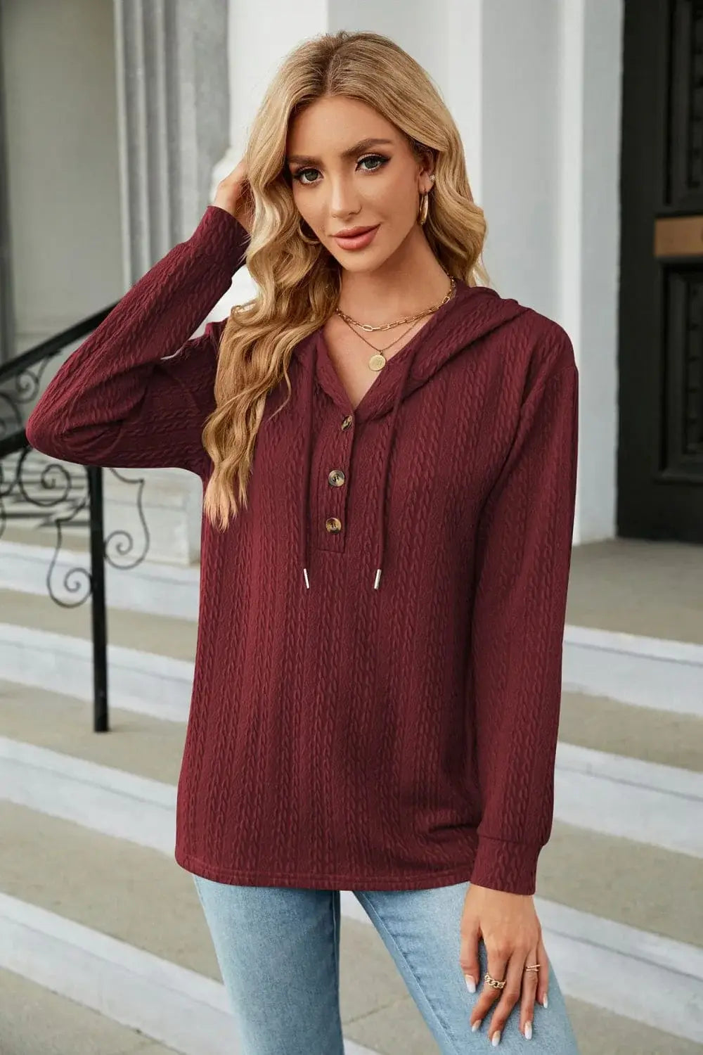 Cable-Knit Long Sleeve Hoodie - Trendsi - Flyclothing LLC
