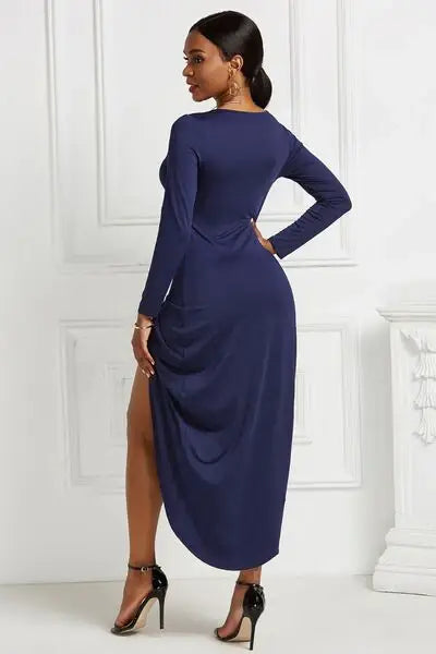 High-low Ruched Surplice Long Sleeve Dress - Trendsi - Flyclothing LLC