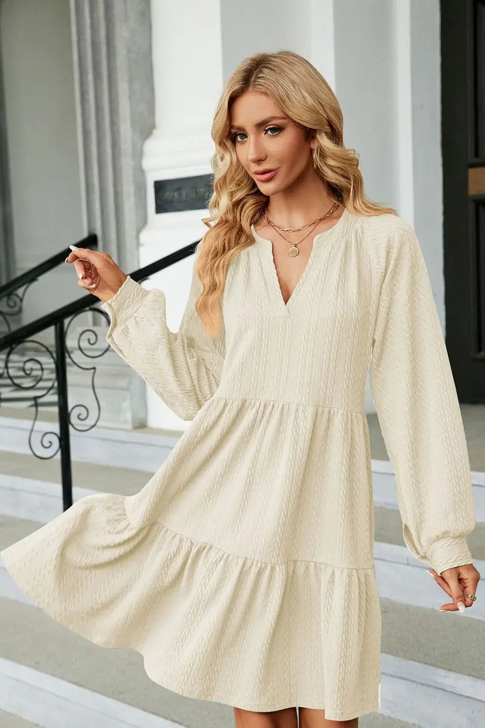 Notched Neck Long Sleeve Mini Dress - Trendsi - Flyclothing LLC