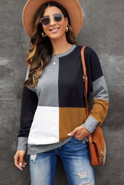 Color Block Round Neck Sweatshirt - Trendsi - Flyclothing LLC