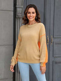 Contrast Round Neck Dropped Shoulder Sweater - Trendsi - Flyclothing LLC