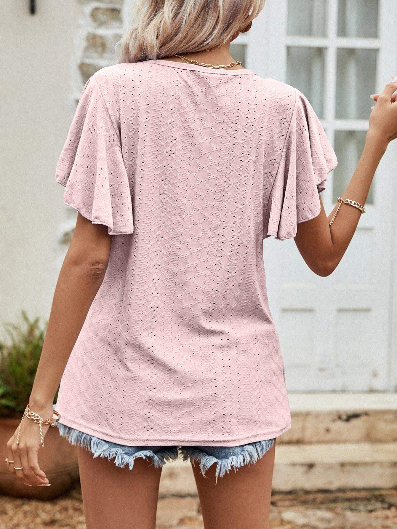Round Neck Flutter Sleeve Blouse - Trendsi - Flyclothing LLC