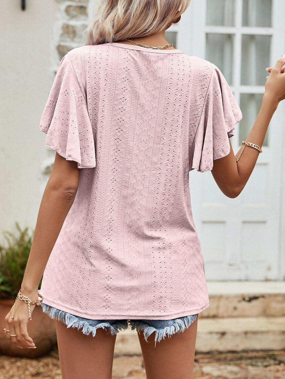Round Neck Flutter Sleeve Blouse - Trendsi - Flyclothing LLC