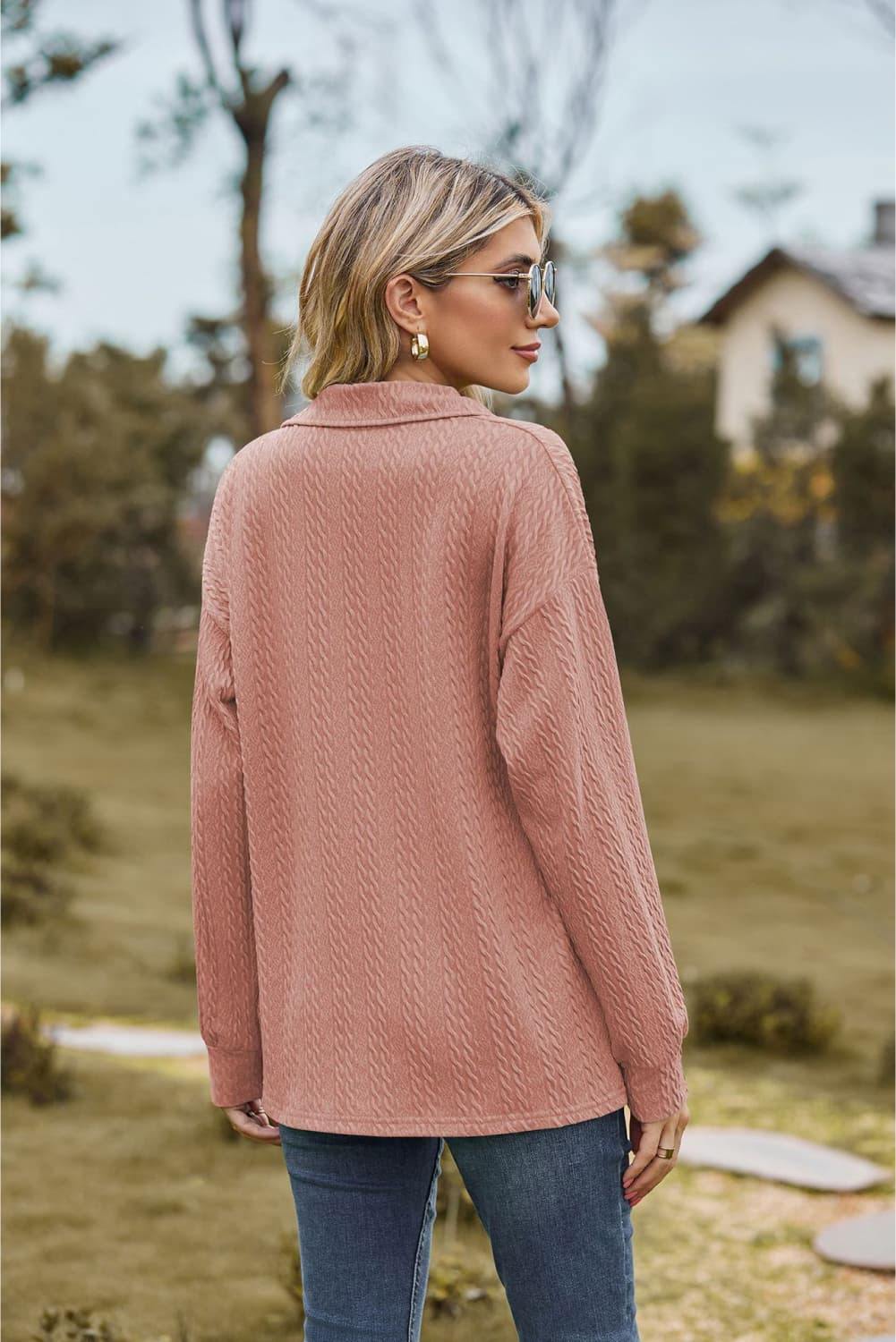 Collared Neck Cable-Knit Long Sleeve Blouse - Trendsi