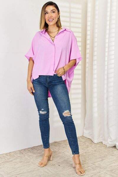 Zenana Texture Button Up Short Sleeve High-Low Shirt - Trendsi - Flyclothing LLC