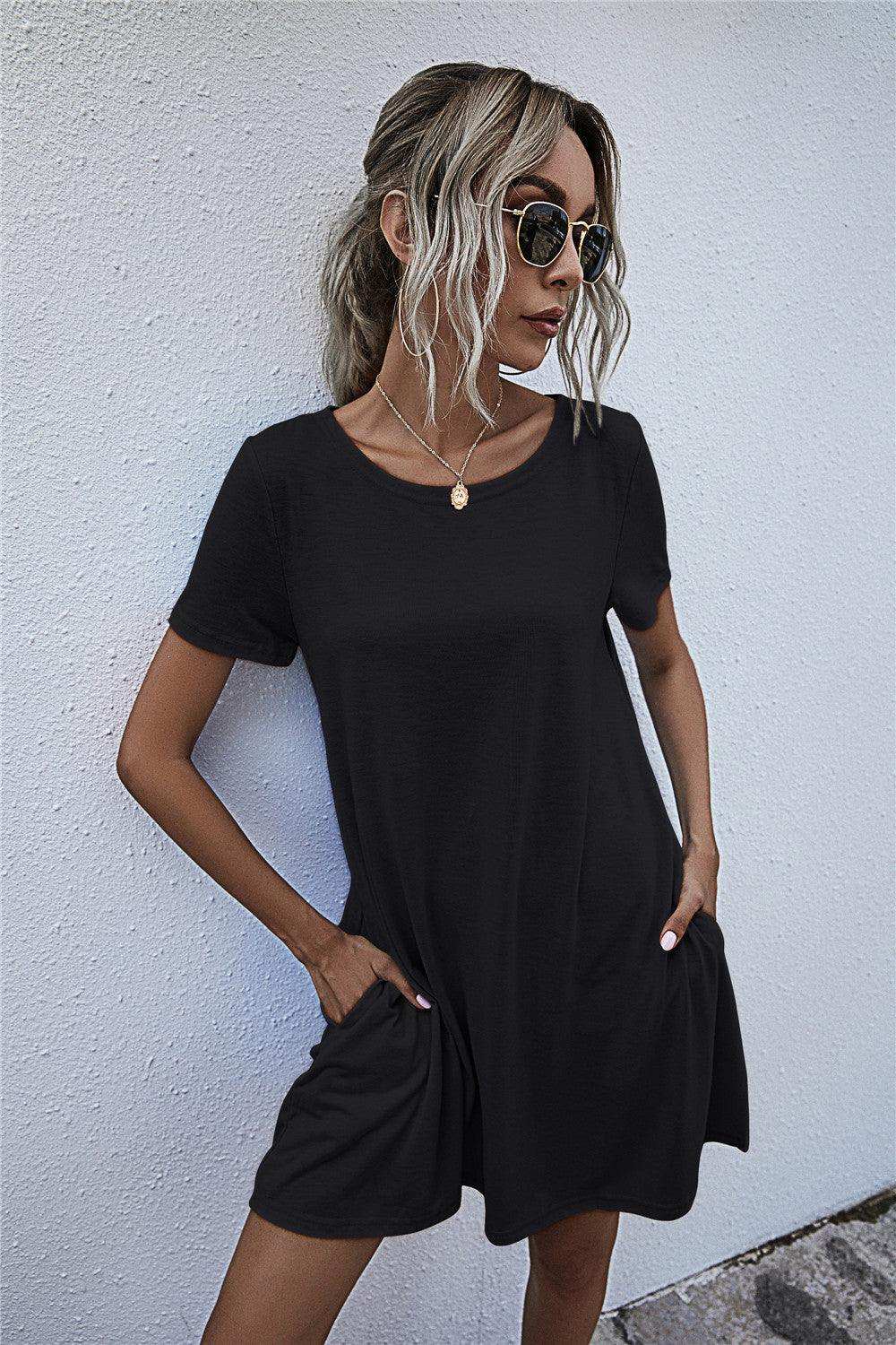 Round Neck Short Sleeve Mini Dress - Trendsi - Flyclothing LLC