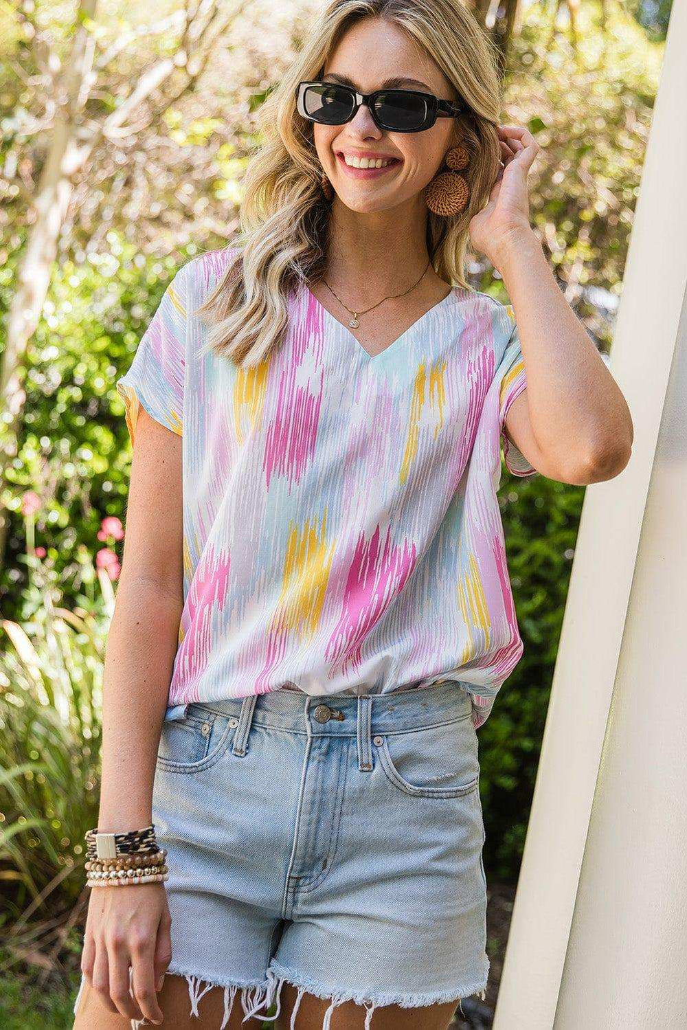 High-Low V-Neck Short Sleeve Blouse - Trendsi - Flyclothing LLC