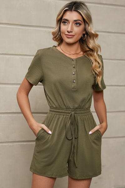 Drawstring Half Button Short Sleeve Romper - Trendsi - Flyclothing LLC