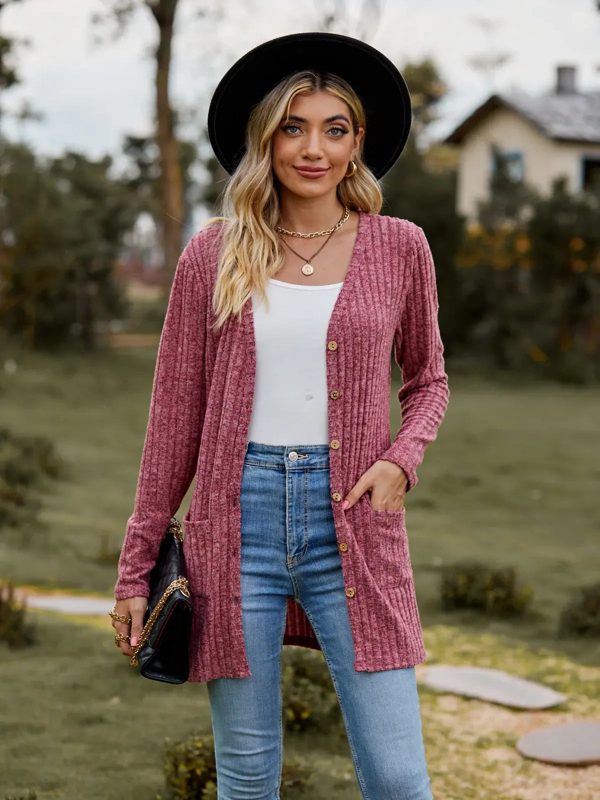 Ribbed Button-UP Caradigan with Pockets - Trendsi - Flyclothing LLC