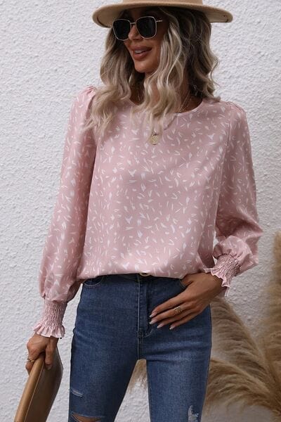 Printed Round Neck Lantern Sleeve Blouse - Trendsi