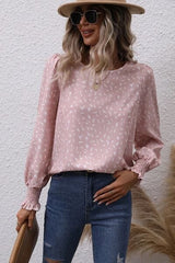 Printed Round Neck Lantern Sleeve Blouse - Trendsi