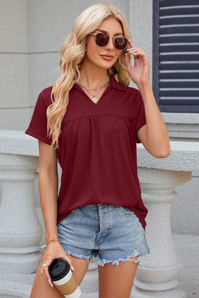 Ruched Johnny Collar Short Sleeve Blouse - Trendsi - Flyclothing LLC