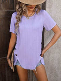 Decorative Button Round Neck Short Sleeve Blouse - Trendsi - Flyclothing LLC
