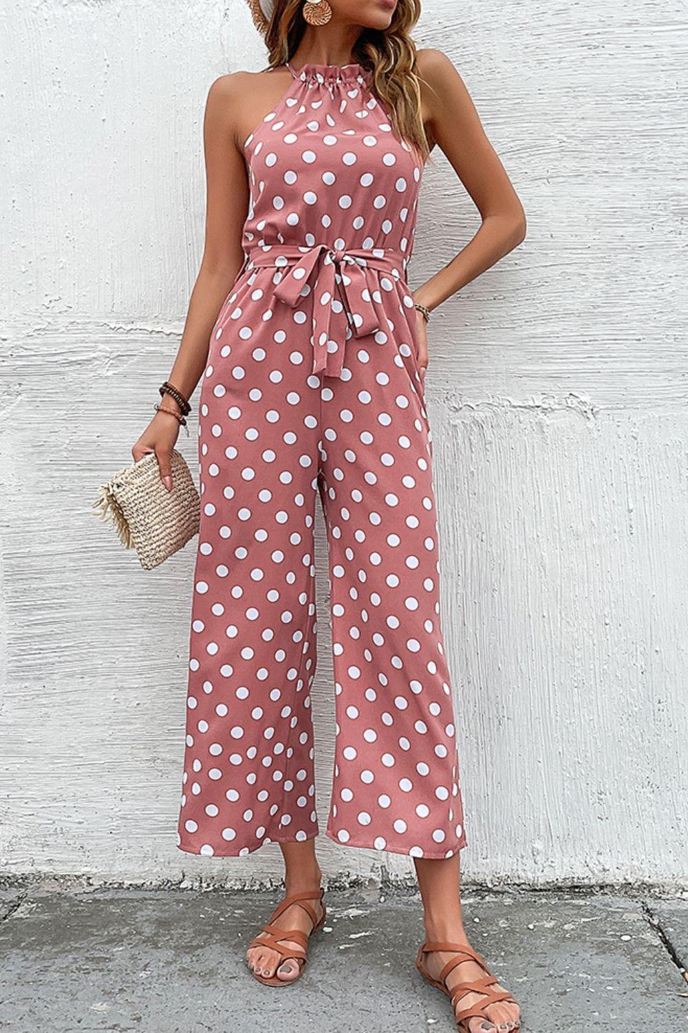 Polka Dot Grecian Wide Leg Jumpsuit - Trendsi
