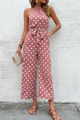 Polka Dot Grecian Wide Leg Jumpsuit - Trendsi