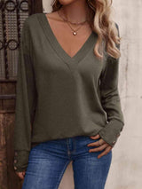 V-Neck Long Sleeve Top - Trendsi - Flyclothing LLC