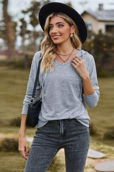 Drawstring Dropped Shoulder Hooded T-Shirt - Trendsi - Flyclothing LLC