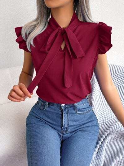 Tie Neck Cap Sleeve Blouse - Trendsi - Flyclothing LLC