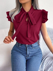 Tie  Neck Cap Sleeve Blouse - Trendsi