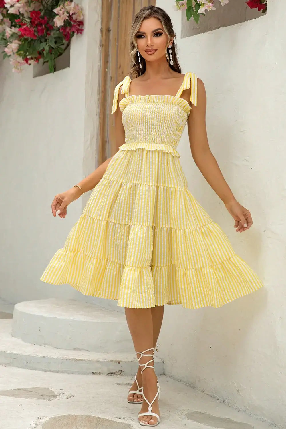 Striped Tie-Shoulder Tiered Dress - Trendsi - Flyclothing LLC