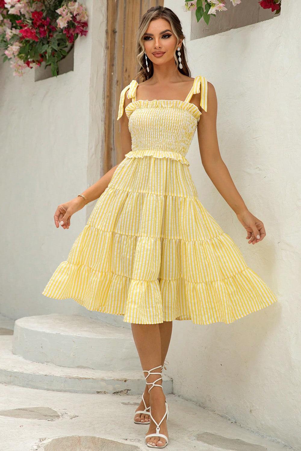 Striped Tie-Shoulder Tiered Dress - Trendsi