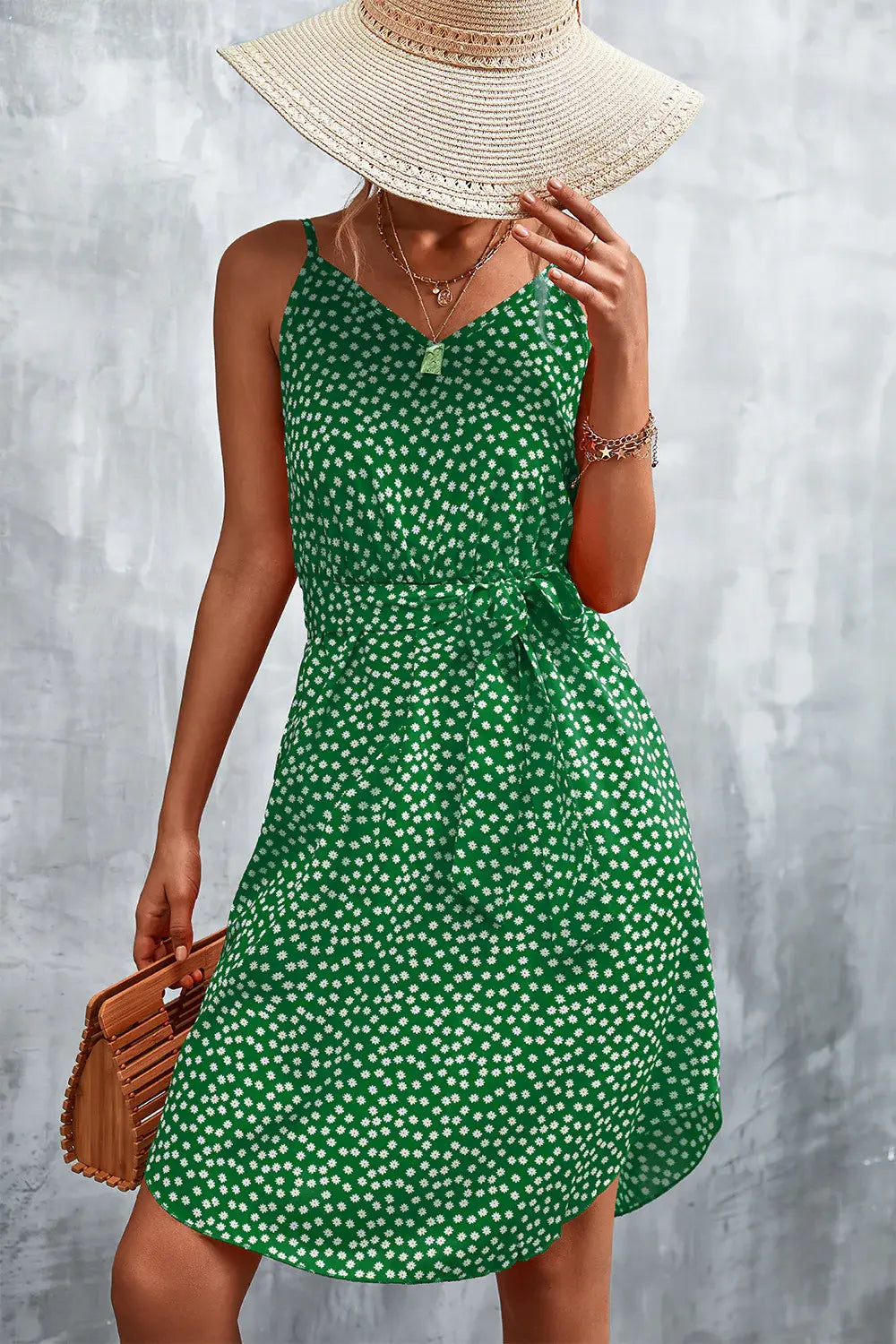 Printed V-Neck Tie Waist Mini Dress - Trendsi - Flyclothing LLC