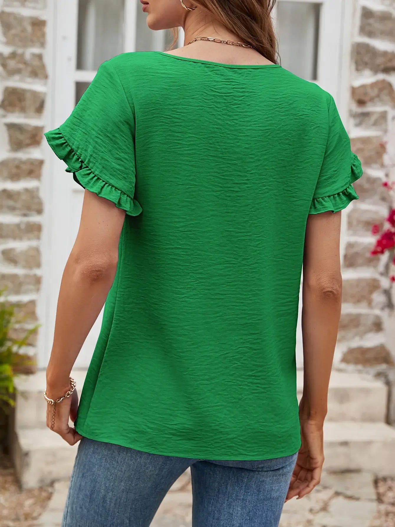 Textured Petal Sleeve Round Neck Tee - Trendsi - Flyclothing LLC
