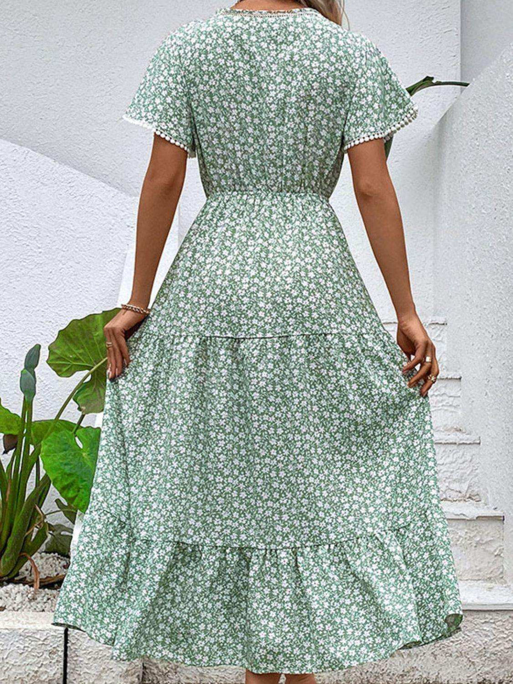 Ditsy Floral V-Neck Tiered Dress - Trendsi - Flyclothing LLC