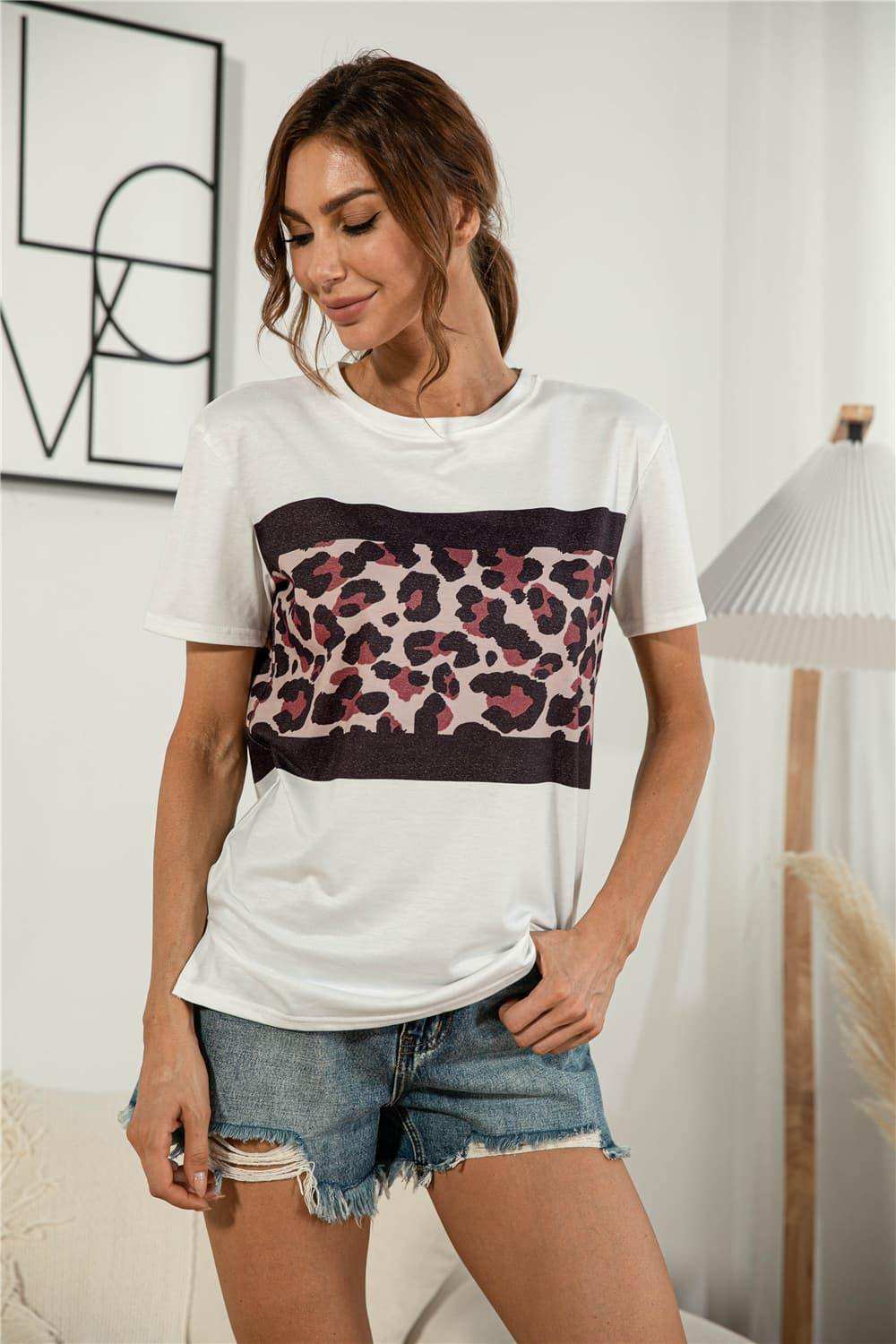 Leopard Color Block Side Slit Tee - Trendsi - Flyclothing LLC