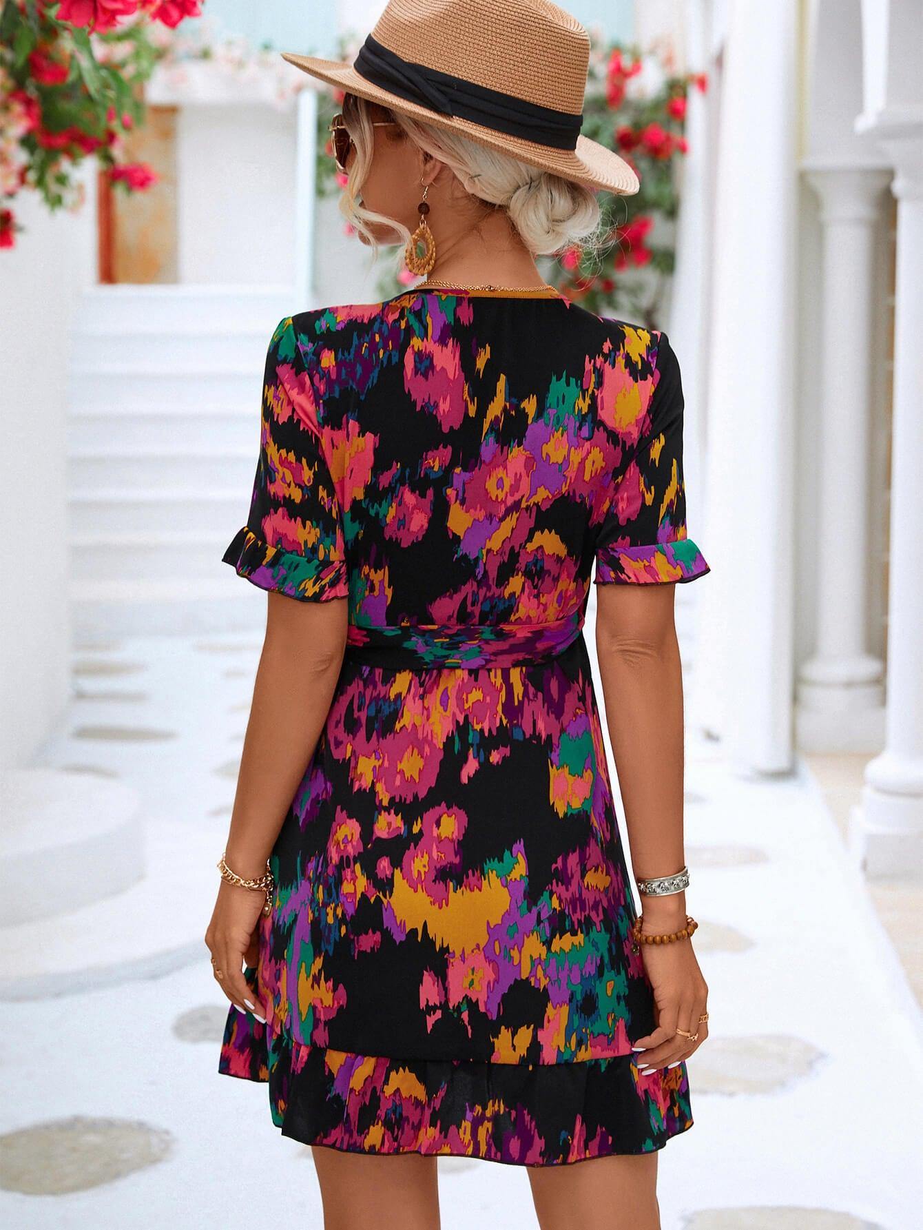 Printed Flounce Sleeve Tied Dress - Flyclothing LLC