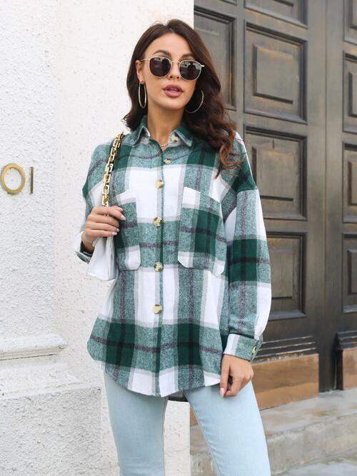 Plaid Button Up Collared Neck Long Sleeve Shirt - Trendsi - Flyclothing LLC