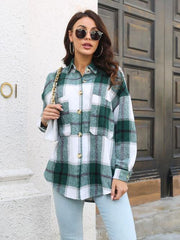 Plaid Button Up Collared Neck Long Sleeve Shirt - Trendsi