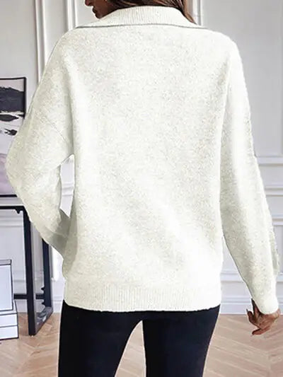 Half Zip Dropped Shoulder Sweater - Trendsi - Flyclothing LLC