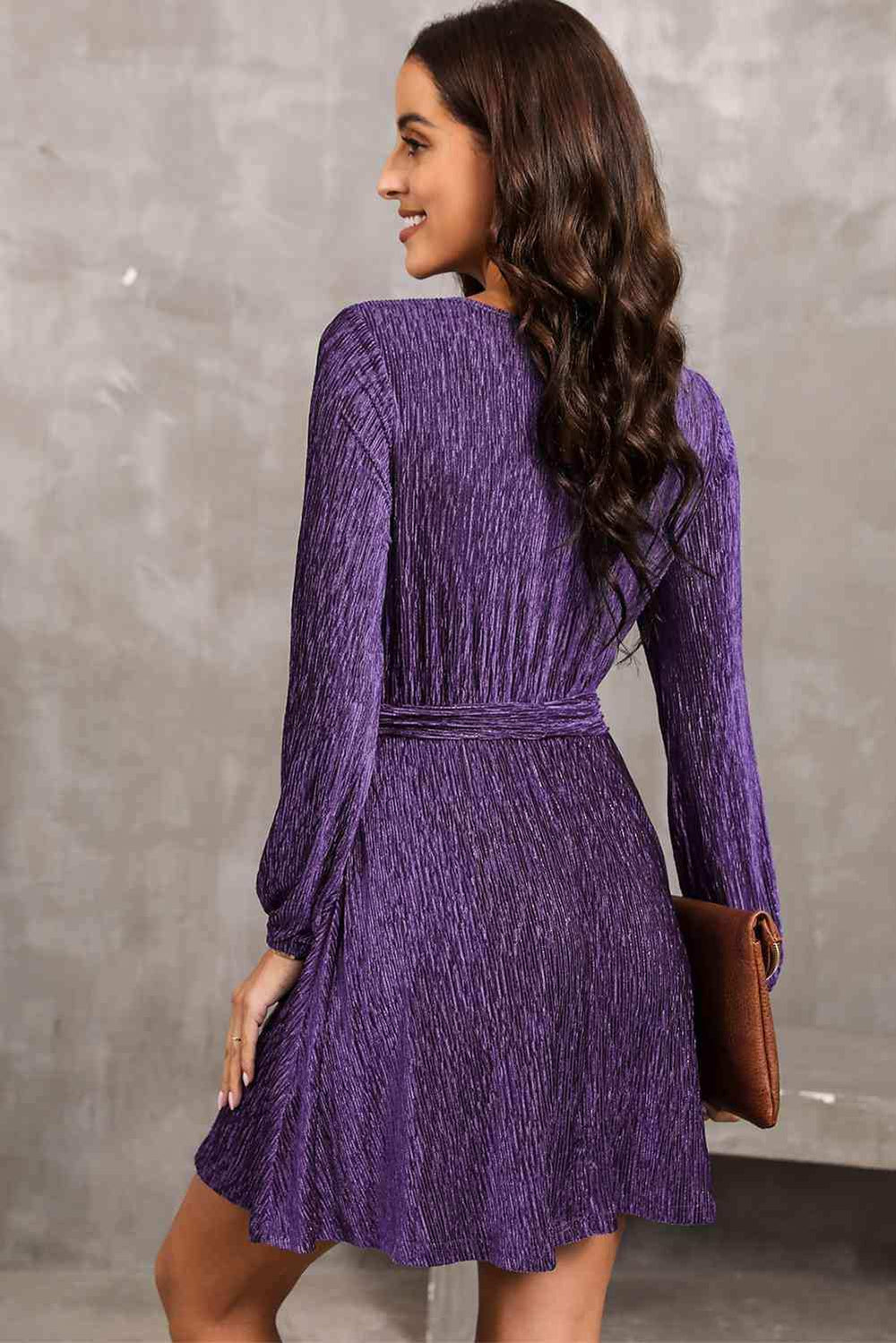 Round Neck Tie Front Long Sleeve Dress - Trendsi - Flyclothing LLC