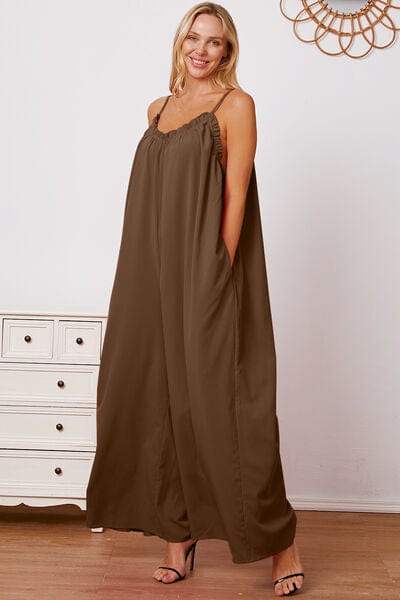 Full Size Ruffle Trim Tie Back Cami Jumpsuit with Pockets - Trendsi - Flyclothing LLC