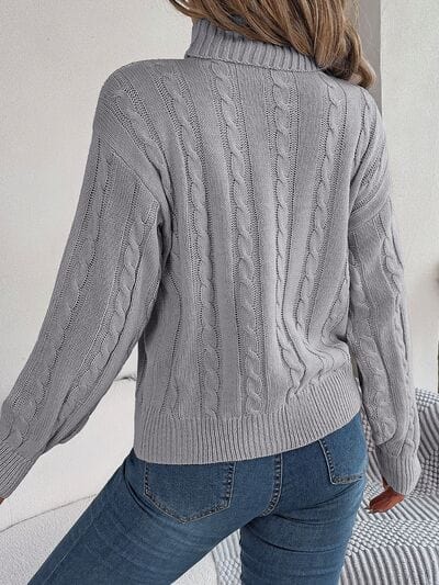 Cable-Knit Turtleneck Dropped Shoulder Sweater - Trendsi