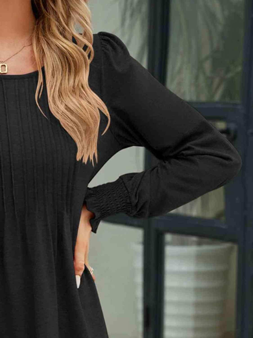 Smocked Round Neck Lantern Sleeve Blouse - Trendsi - Flyclothing LLC