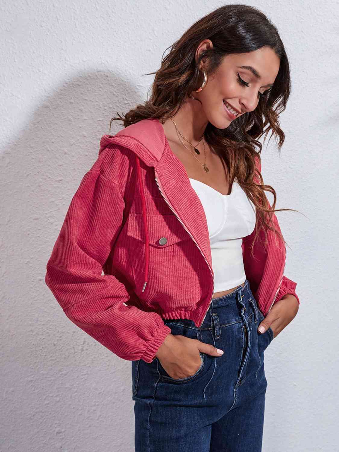 Drawstring Hooded Zip Up Jacket with Pockets - Trendsi - Flyclothing LLC