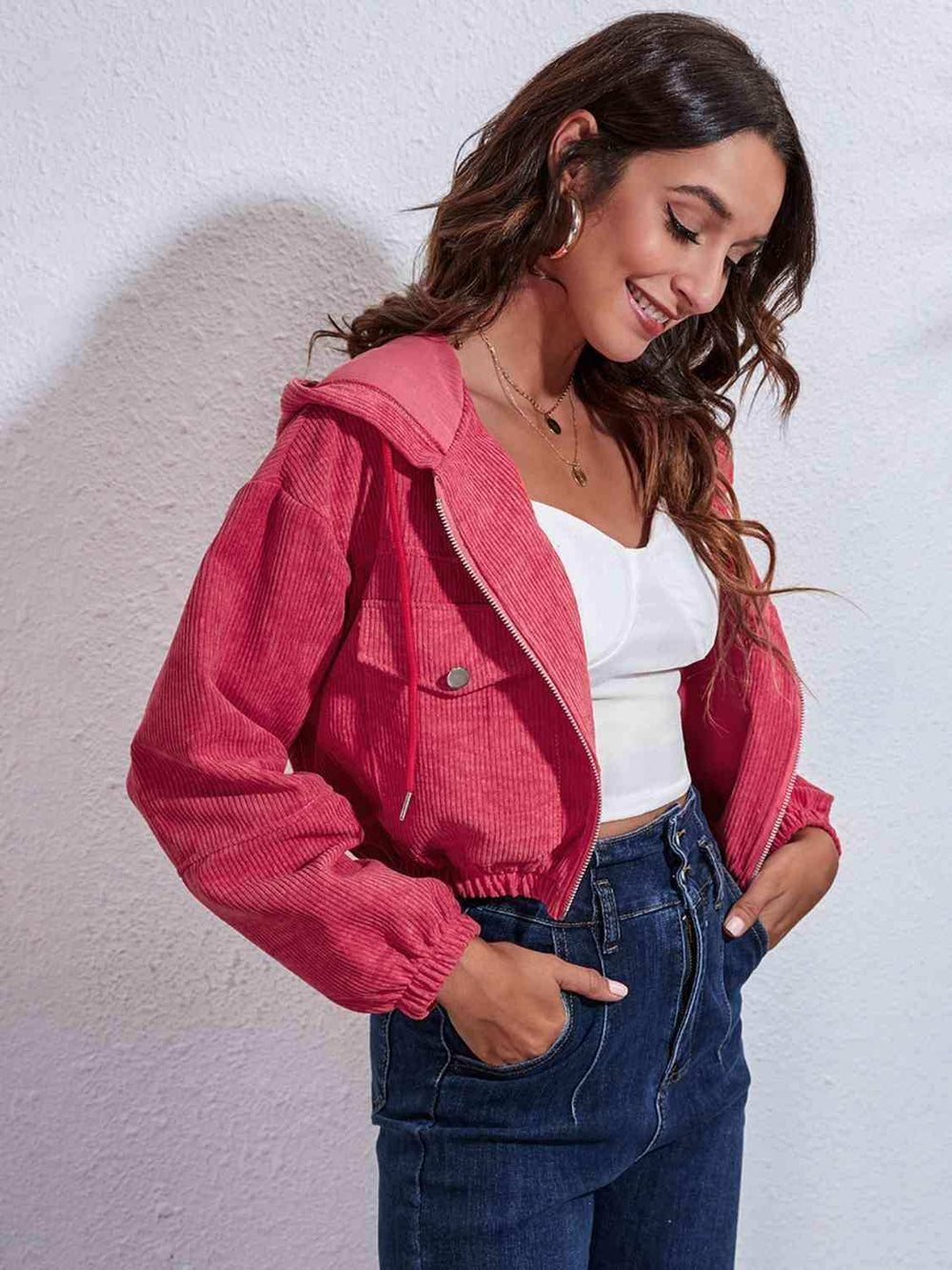 Drawstring Hooded Zip Up Jacket with Pockets - Trendsi - Flyclothing LLC