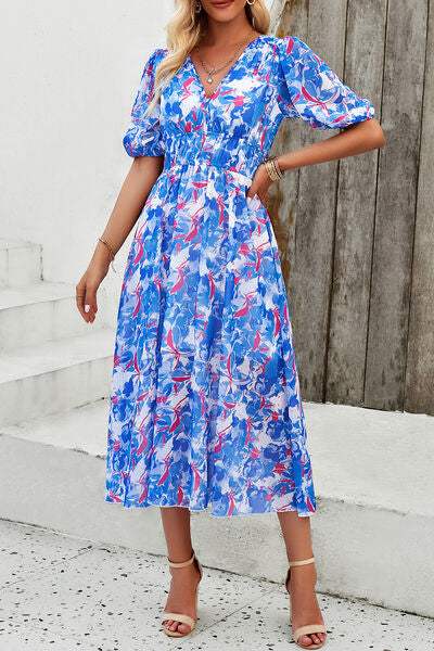 Smocked Printed V-Neck Short Sleeve Dress - Trendsi - Flyclothing LLC