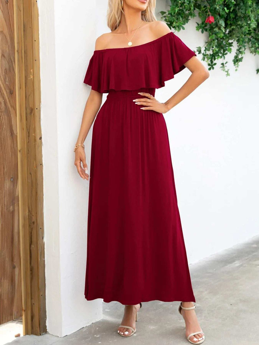 Off-Shoulder Slit Maxi Dress - Trendsi - Flyclothing LLC