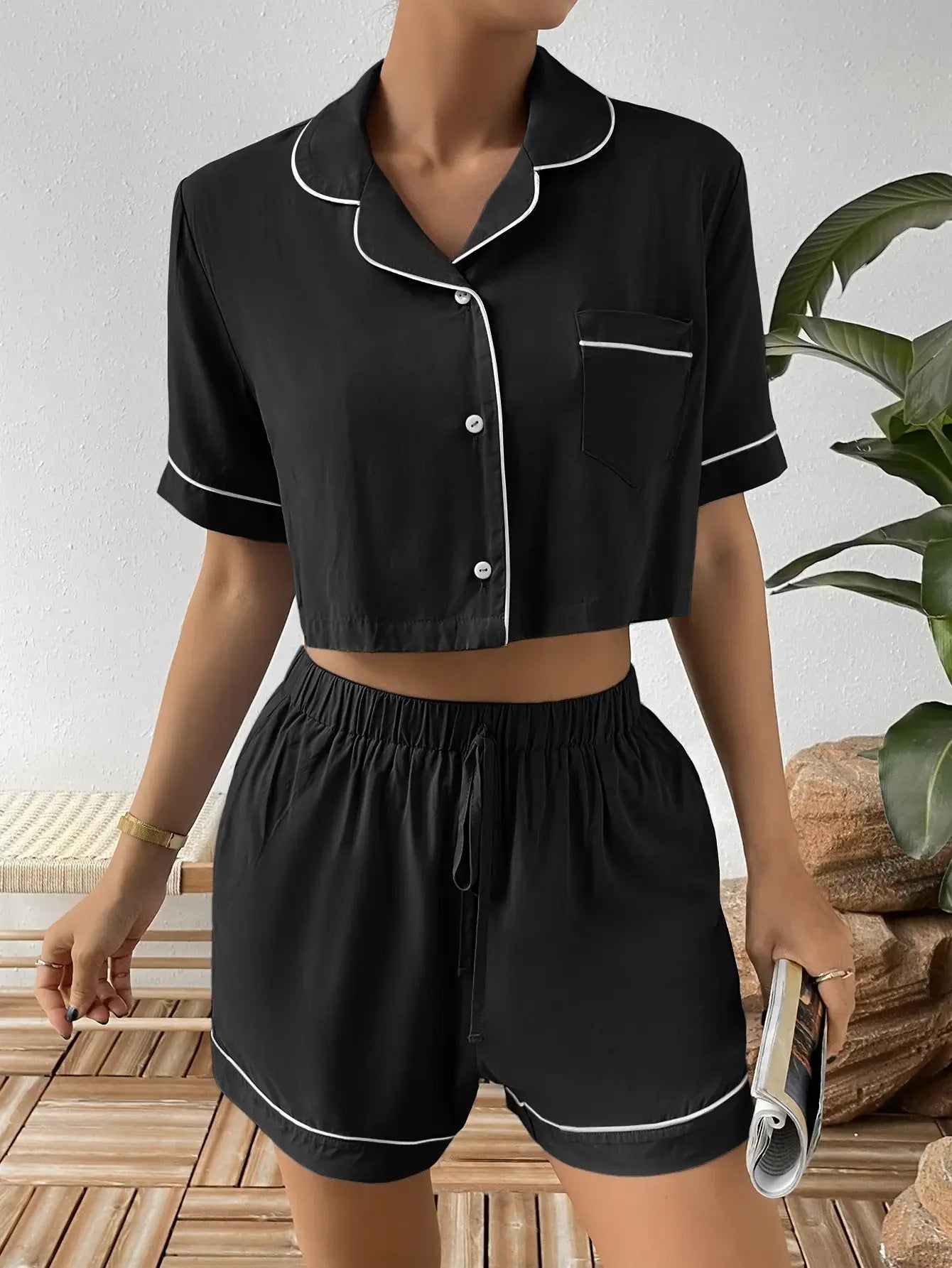Contrast Lapel Collar Cropped Shirt and Shorts Lounge Set - Trendsi - Flyclothing LLC
