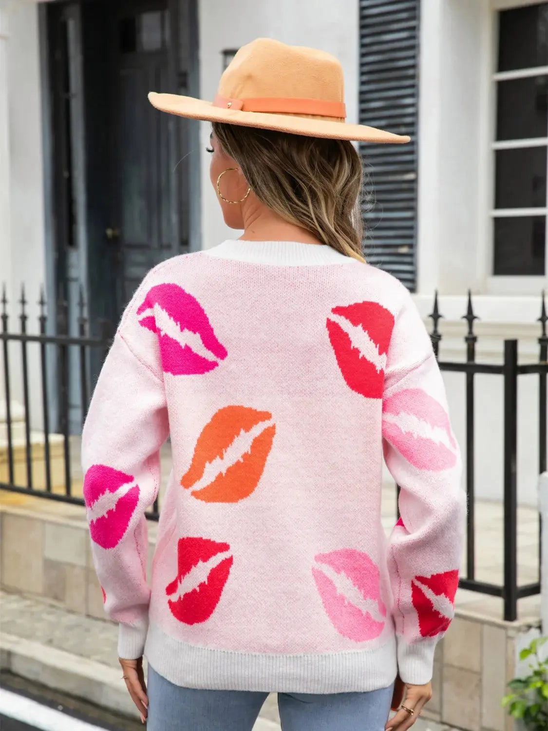 Lip V-Neck Drop Shoulder Sweater - Trendsi - Flyclothing LLC