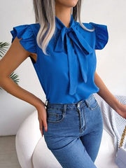 Tie  Neck Cap Sleeve Blouse - Trendsi