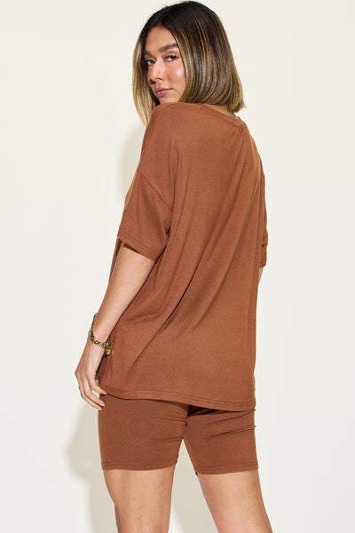 Basic Bae Full Size V-Neck Drop Shoulder Short Sleeve T-Shirt and Shorts Set - Trendsi - Flyclothing LLC