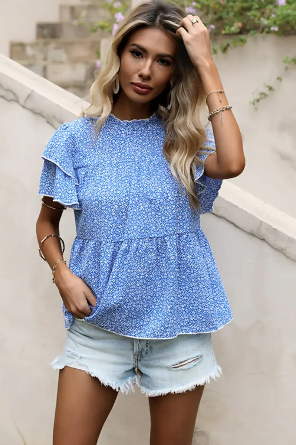 Ditsy Floral Layered Flutter Sleeve Blouse - Trendsi - Flyclothing LLC