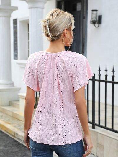 Eyelet Tie Neck Flutter Sleeve Blouse - Trendsi - Flyclothing LLC