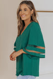 Sheer Striped Flare Sleeve V-Neck Blouse - Trendsi